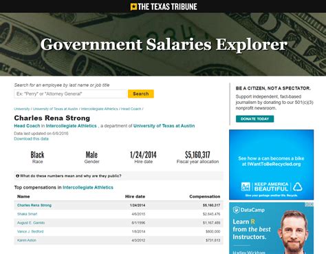 Texas tribune salary lookup - Government Salaries Explorer This database of compensation for Texas state employees is published by The Texas Tribune , a nonprofit and nonpartisan news organization. We publish this information because we believe that disclosing how tax dollars are spent is in the public interest.